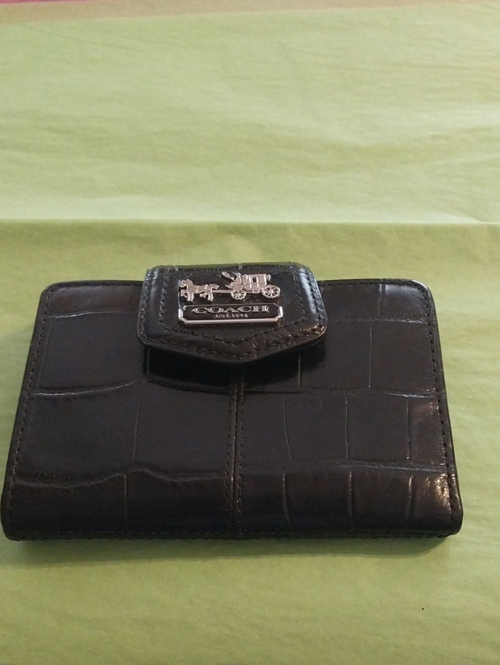 Coach Black Croc-Embossed Leather Wallet with Silver Coach & Carriage Logo